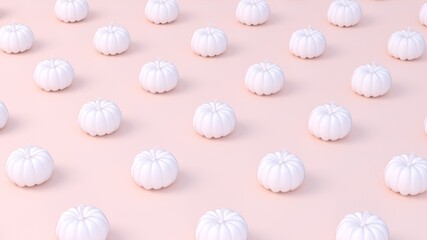 Modern pumpkins pattern isolated on pastel pink backgroundwith with white Halloween pumpkin with copy space for text. Halloween concept. 3d rendering.