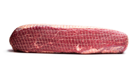 netted pack of raw meat package isolated on white background