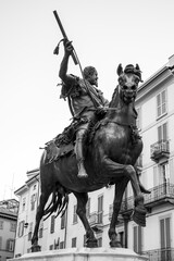 Fototapeta na wymiar Statue of man on horseback in piazza dei cavalli in Piacenza, Italy