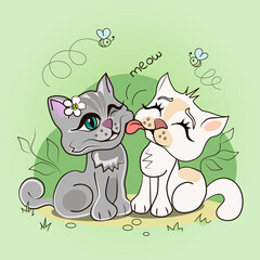 Vector blank for Valentine's Day; couple of cats in love in nature, love of a cat and a cat, happy together, template for creativity, print.