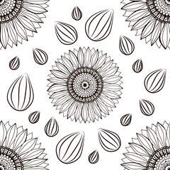 Sunflower vector pattern, endless contour flowers and seeds for creativity, repeating contour flowers for any background, floral motif illustration for clothes prints, floral pattern for wedding 