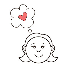 Isolated vector drawing of a human head; linear image of a dreaming girl; linear image of a woman with her thoughts about love; blank for design, icons.