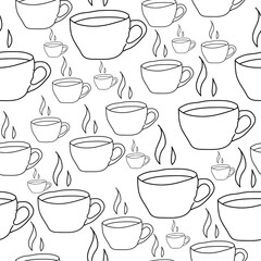 Seamless pattern with contour drawing cups with hot drink, aromatic hot beverage, outline cup of different sizes