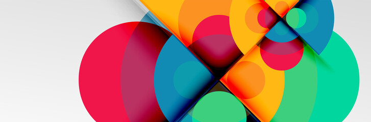 Bright color circles, abstract round shapes and triangles composition with shadow effects. Vector modern geometric design template