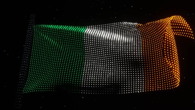 Electronic waving flag of Ireland made of LED lights. Hologram concept. Looping animation 