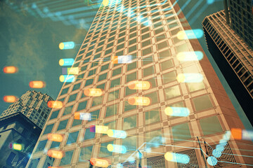Plakat Data theme hologram drawing on city view with skyscrapers background multi exposure. Bigdata concept.