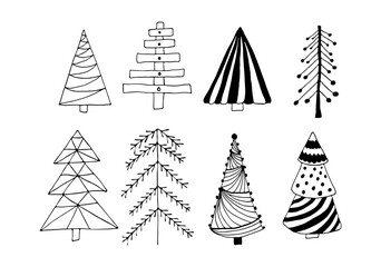 Obraz premium Black outline christmas tree set isolated on white background. Winter holidays rustic decor. Doodles vector illustration for cards, home decor and print design.