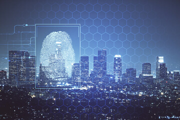 Double exposure of finger print hologram and cityscape background. Concept of personal security.