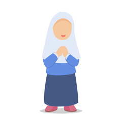 Children islamic girl character dress muslim hijab stand white isolated background with flat color style