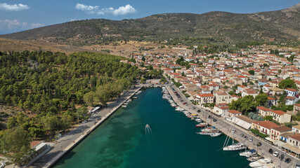 Fototapeta na wymiar Aerial drone photo of beautiful picturesque and historic seaside village of Galaxidi, Fokida, Greece