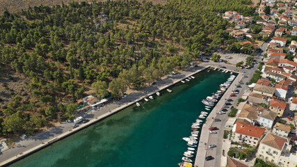 Fototapeta na wymiar Aerial drone photo of beautiful picturesque and historic seaside village of Galaxidi, Fokida, Greece