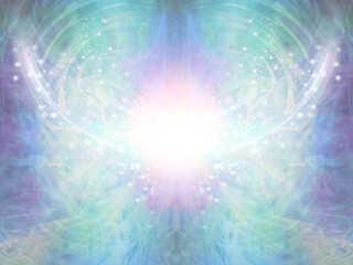 Sacred Spiritual Healing Light Background - shimmering sparkling brilliant white light centre with an intricate blue green energy form radiating outwards and upwards 