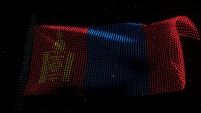 Electronic waving flag of Mongolia made of LED lights. Hologram concept. Looping animation 