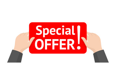 Special offer price tag - hands holding red sticker with sample text - vector illustration, lable template