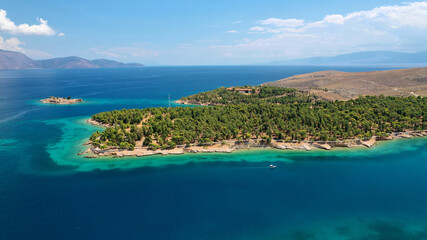Fototapeta premium Aerial drone photo of beautiful picturesque and historic seaside village of Galaxidi, Fokida, Greece