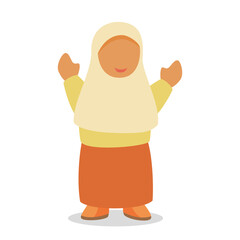 Children islamic girl character dress muslim hijab shades of brown cheerful holding hand white isolated background with flat color style