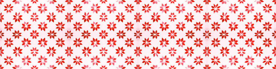 Old red white vintage worn shabby seamless square patchwork tiles stone concrete cement wall texture wide background banner panorama wallpaper, with flower print