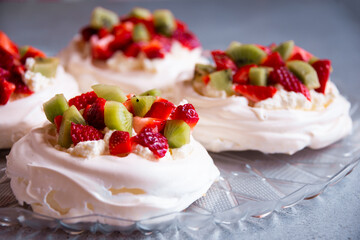 Delicious Pavlova cake with meringue and fresh fruit