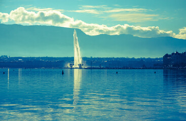 Geneva, Switzerland - June 19, 2020: Lake Geneva panorama and fountain