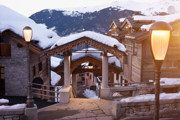Alpine village in winter in the mountains of France