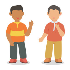 Two boy character brown skin dress neatly greeting standing white isolated background with flat color style