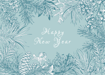 Fototapeta na wymiar Winter card in vintage style. Vector frame with fir and pine branches, cones, fern and leaves. New year illustration. Light blue background and white greeting.