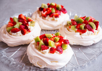 Delicious Pavlova cake with meringue and fresh fruit