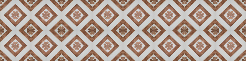 Old brown white vintage shabby patchwork mosaic tiles stone concrete cement wall texture background banner, with flower leaf rhombus diamond rue lozenge square print