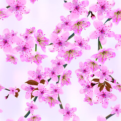 Seamless background pattern of blossoming branches of Japanese cherry on light blue abstract background. Pink Sakura floral seamless texture, EPS 10 vector file