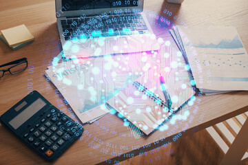 Double exposure of desktop computer and human brain drawing hologram. Ai concept.