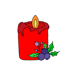 Vector red burning candle with holly berries isolated on a white background. Aroma candles. Candles for a festive, romantic, Christmas dinner.	