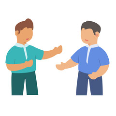 Two boy character chatting discuss as friends white isolated background with flat color style