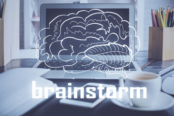 Desktop computer background in office and start up theme hologram drawing. Double exposure. Startup...