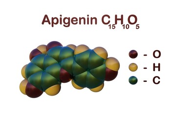 Structural chemical formula and space-filling molecular model of flavonoid apigenin, also known as chamomile or versulin, that used as a treatment for insomnia. 3d illustration