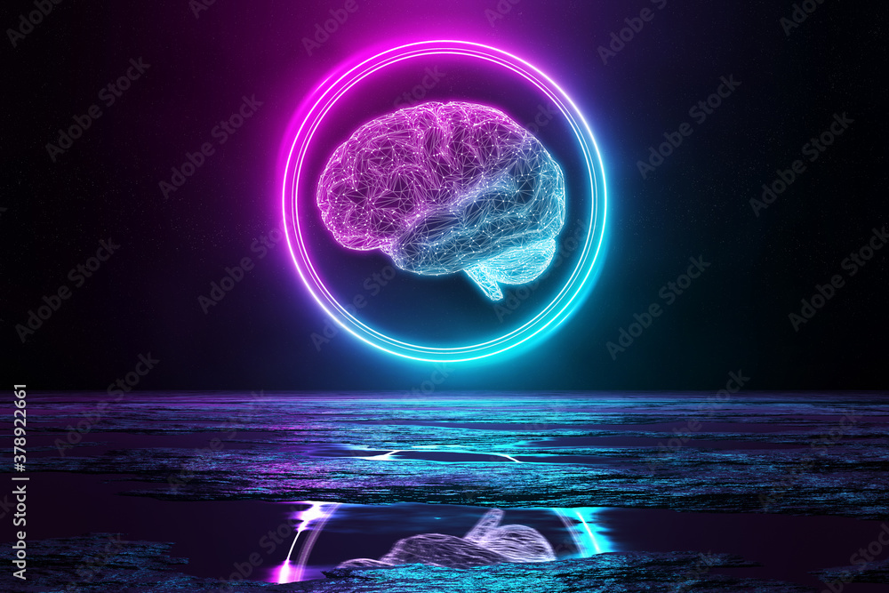 Poster Digital brain holographic icon illuminating the floor with blue and pink neon light 3D rendering
