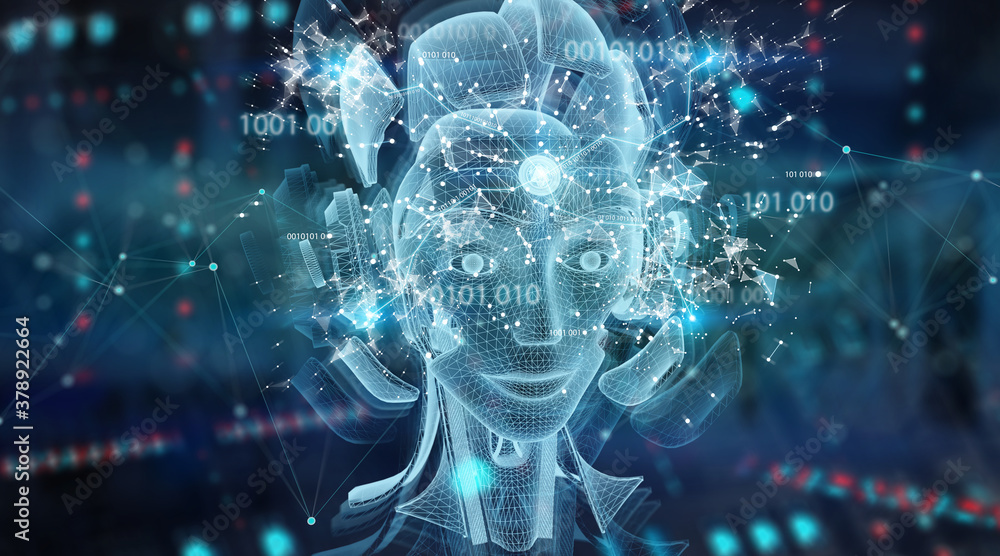 Poster artificial intelligence holographic projection with robot head 3d rendering