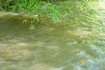 Background with a fast flowing mountain river surrounded by trees. Concept - mountain hiking and travel in summer, as well as taking care of health
