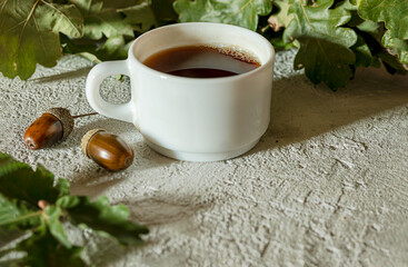 Cup of acorn coffee, acorns and green oak leaves on a gray background. An alternative to...