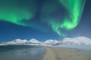 Beautiful northern lights (Aurora borealis) over snow caped mountains in arctic Norway