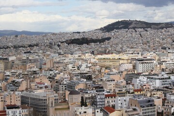 Fototapeta na wymiar Partial view of Athens city from Acropolis hill - Athens, Greece, February 2 2020.