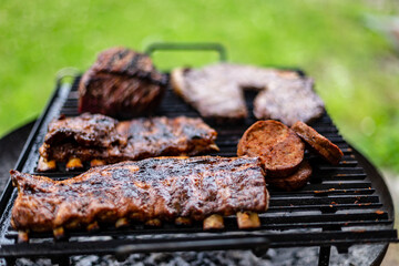 barbeque meat preparation in a summer day