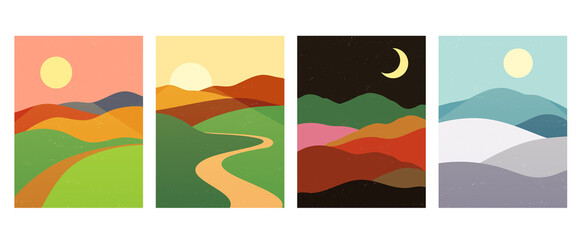 Mountains hills with sunset, sunrise, night. Abstract minimalistic landscape nature backgrounds in scandinavian style.