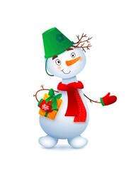 Vector Cute Snowman. Christmas illustration with funny snowman. Christmas gift in the hands of a snowman