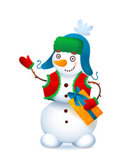 Vector Cute Snowman. Christmas illustration with funny snowman. Christmas gift in the hands of a snowman.