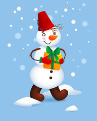 Vector Cute Snowman. Christmas illustration with funny snowman. Christmas gift in the hands of a snowman. Snow falling from the blue sky