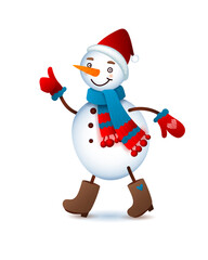Vector Cute Snowman. Christmas illustration with funny snowman. Santa Claus hat.