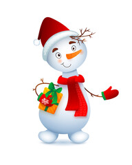Vector Cute Snowman. Christmas illustration with funny snowman. Santa Claus hat.