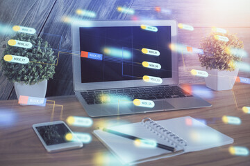 Double exposure of computer and technology theme hud. Concept of innovation.