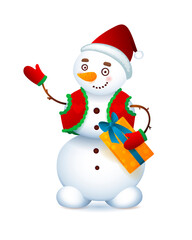Vector Cute Snowman. Christmas illustration with funny snowman. Santa Claus hat.