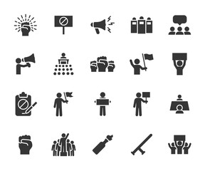 Vector set of protest flat icons. Contains icons resistance, protester, petition, riot, police, strike, mob, negotiating table and more. Pixel perfect.